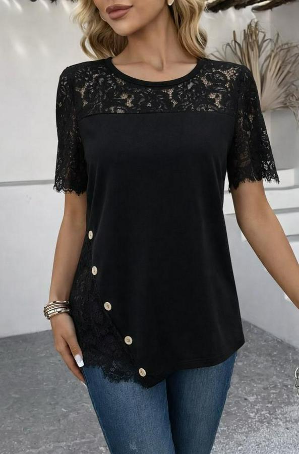 Kısa Kollu Dantel Detaylı Yandan Düğmeli Waffle Bluz