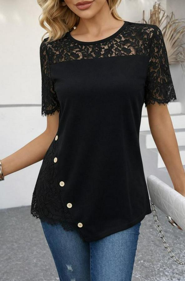 Kısa Kollu Dantel Detaylı Yandan Düğmeli Waffle Bluz