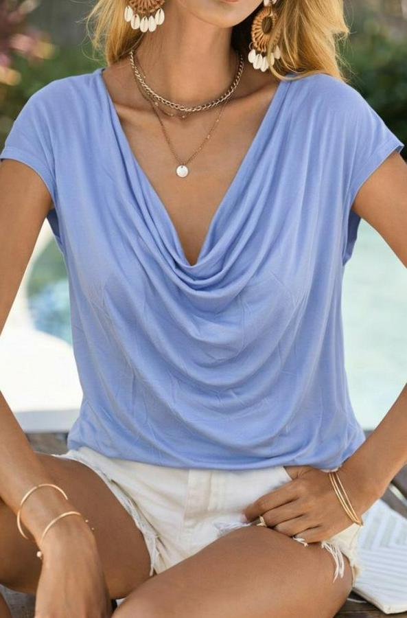 Kısa Kollu Degaje Yakalı Viskon Bluz