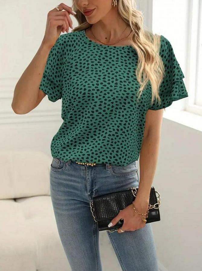 Kısa Kollu Kolları Volanlı Baskılı Süprem Bluz