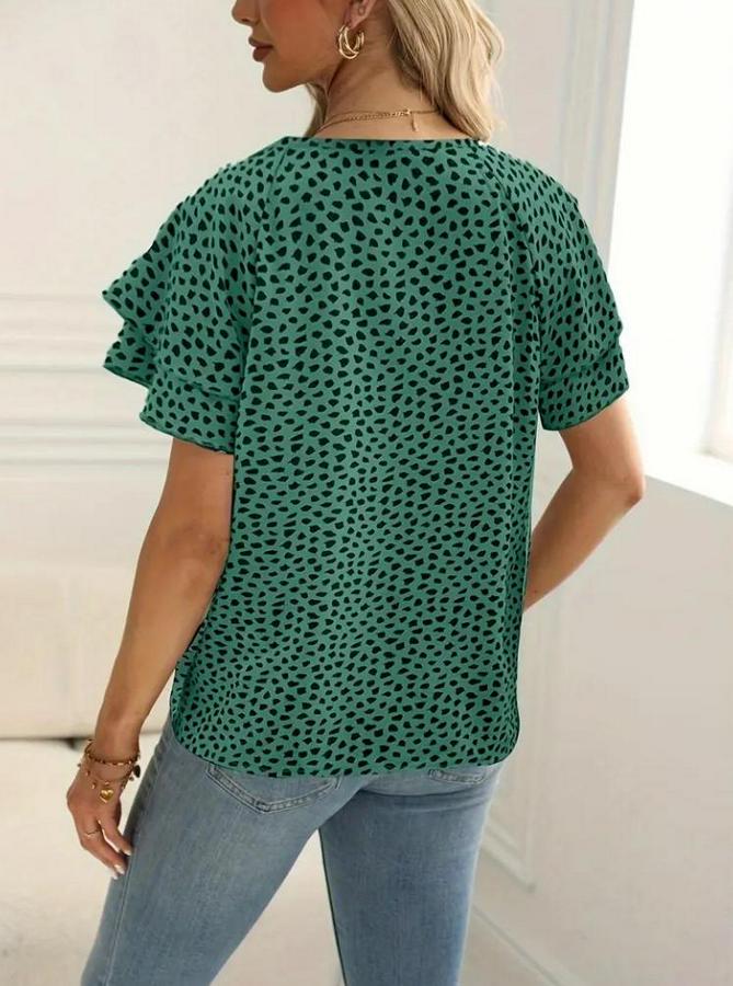 Kısa Kollu Kolları Volanlı Baskılı Süprem Bluz