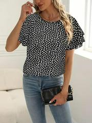 Kısa Kollu Kolları Volanlı Baskılı Süprem Bluz