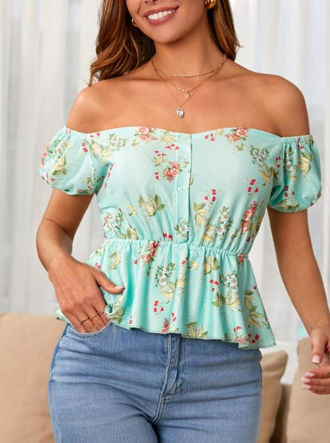 Kısa Kollu Madonna Yaka Çiçek Desenli Düğme Detay Gipeli Süprem Kumaş Bluz