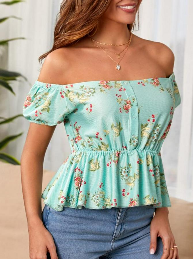 Kısa Kollu Madonna Yaka Çiçek Desenli Düğme Detay Gipeli Süprem Kumaş Bluz