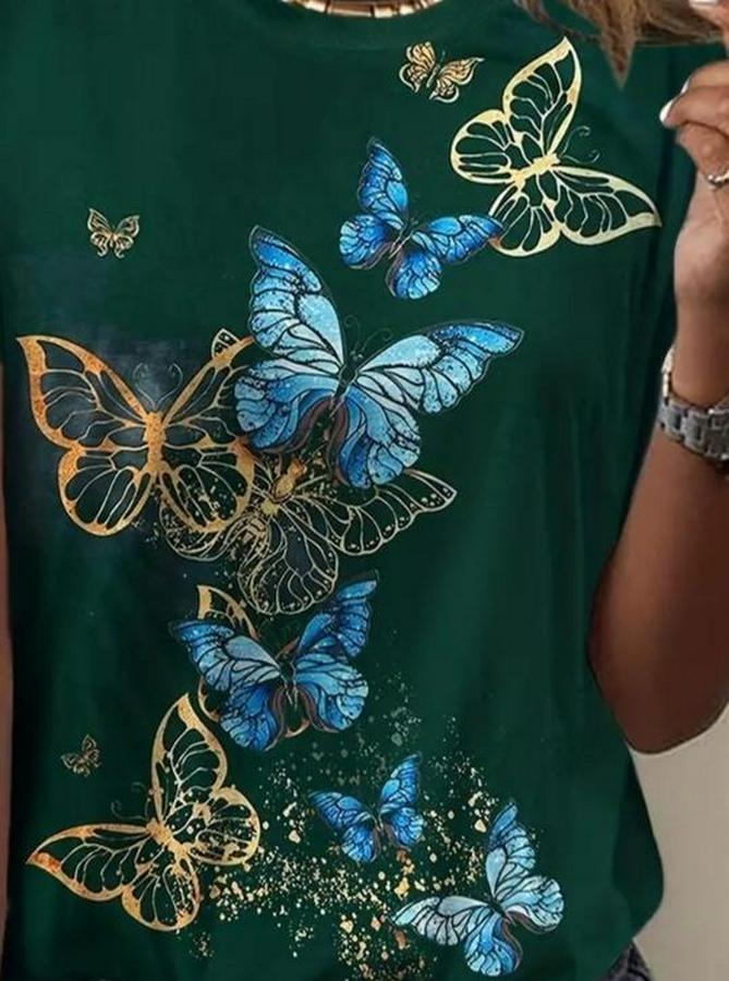 Kısa Kollu Mavi Sarı Kelebek Baskı Süprem Bluz