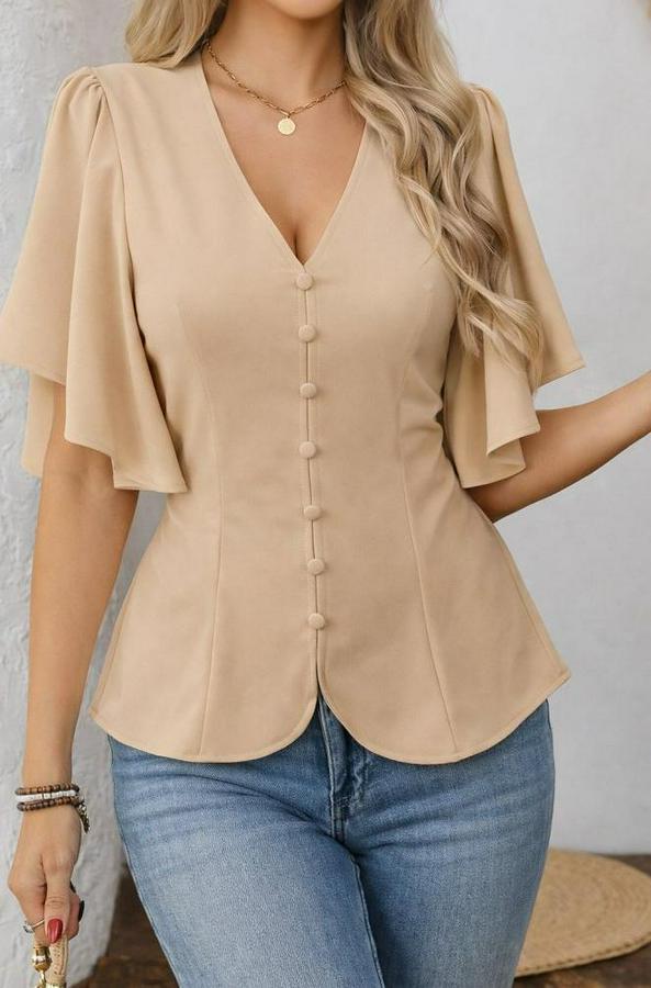 Kısa Kollu Önden Düğmeli Ithal Krep Bluz