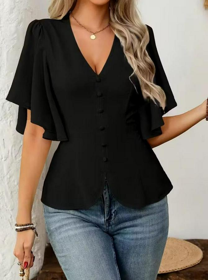 Kısa Kollu Önden Düğmeli Ithal Krep Bluz