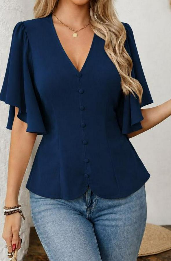 Kısa Kollu Önden Düğmeli Ithal Krep Bluz