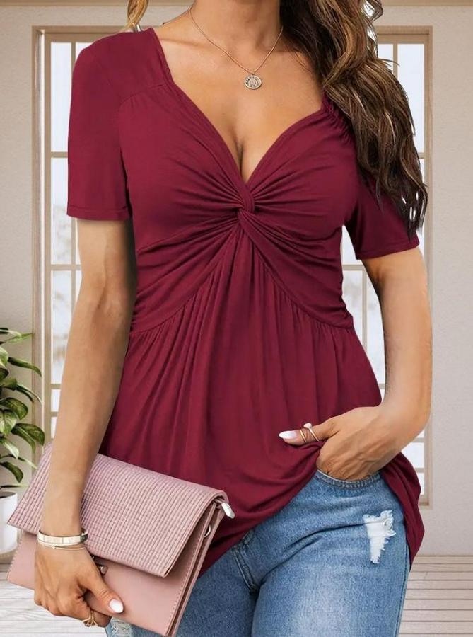 Kısa Kollu Önü Düğüm Detay Viskon Bluz