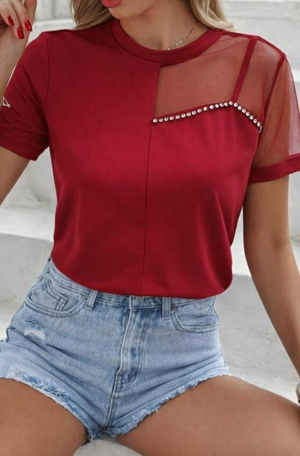 Kısa Kollu Tül Detaylı Taşlı Janjan Krep Bluz