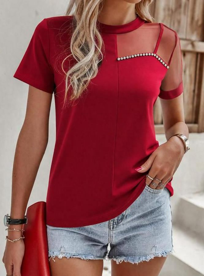 Kısa Kollu Tül Detaylı Taşlı Janjan Krep Bluz