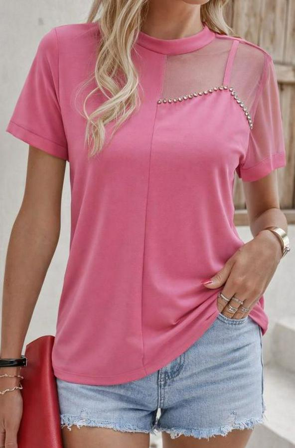 Kısa Kollu Tül Detaylı Taşlı Janjan Krep Bluz