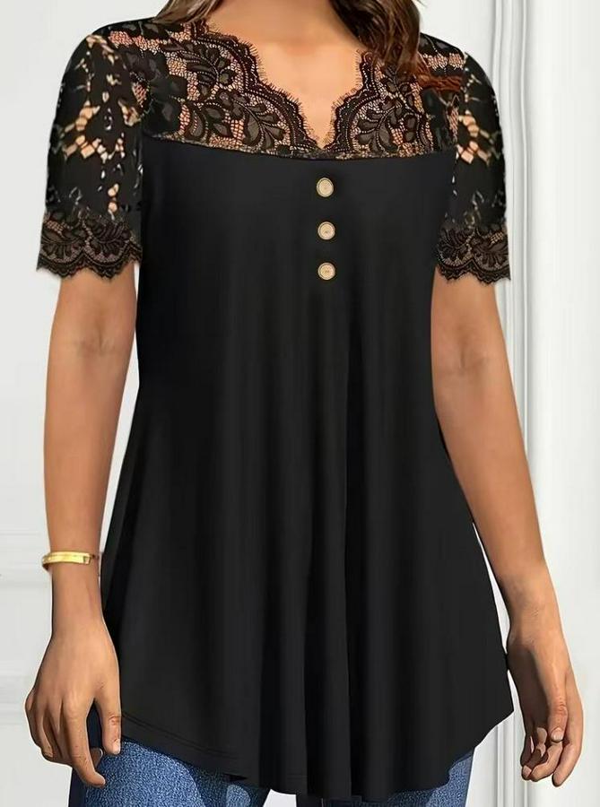 Kısa Kollu V Dantel Yakalı Düğmeli Viskon Bluz