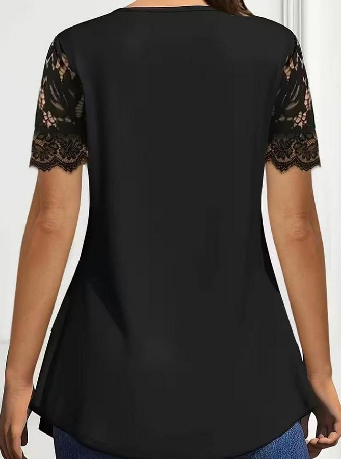 Kısa Kollu V Dantel Yakalı Düğmeli Viskon Bluz