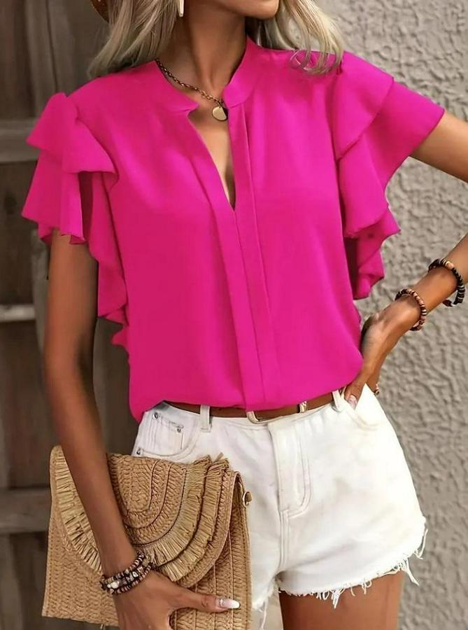 Kısa Kollu V Hakim Yaka Kolları Fırfırlı Dubai Bluz