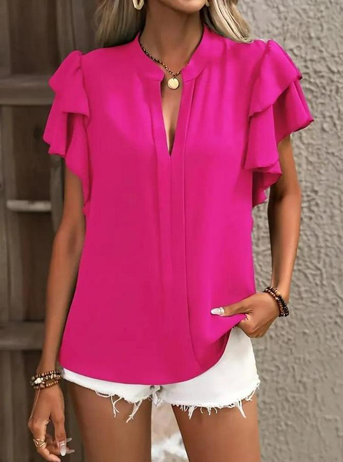 Kısa Kollu V Hakim Yaka Kolları Fırfırlı Dubai Bluz