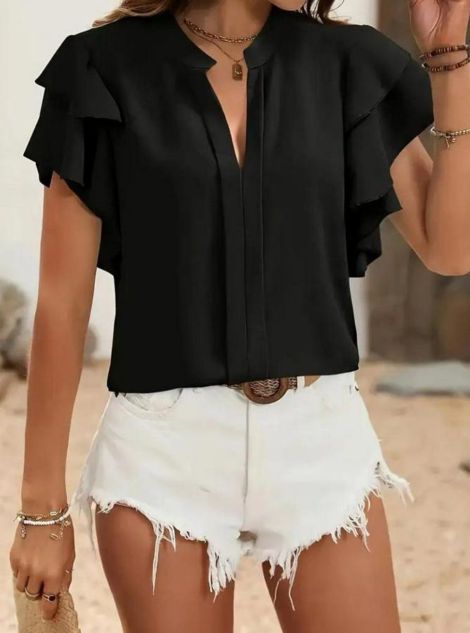 Kısa Kollu V Hakim Yaka Kolları Fırfırlı Dubai Bluz