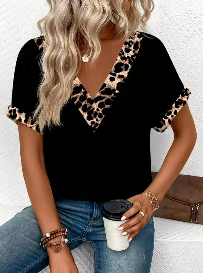 Kısa Kollu V Leopar Yakalı Viskon Bluz