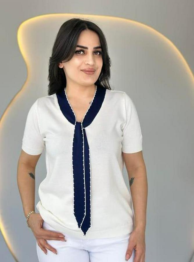 Kısa Kollu V Yaka Fular Detay Merserize Triko Bbluz