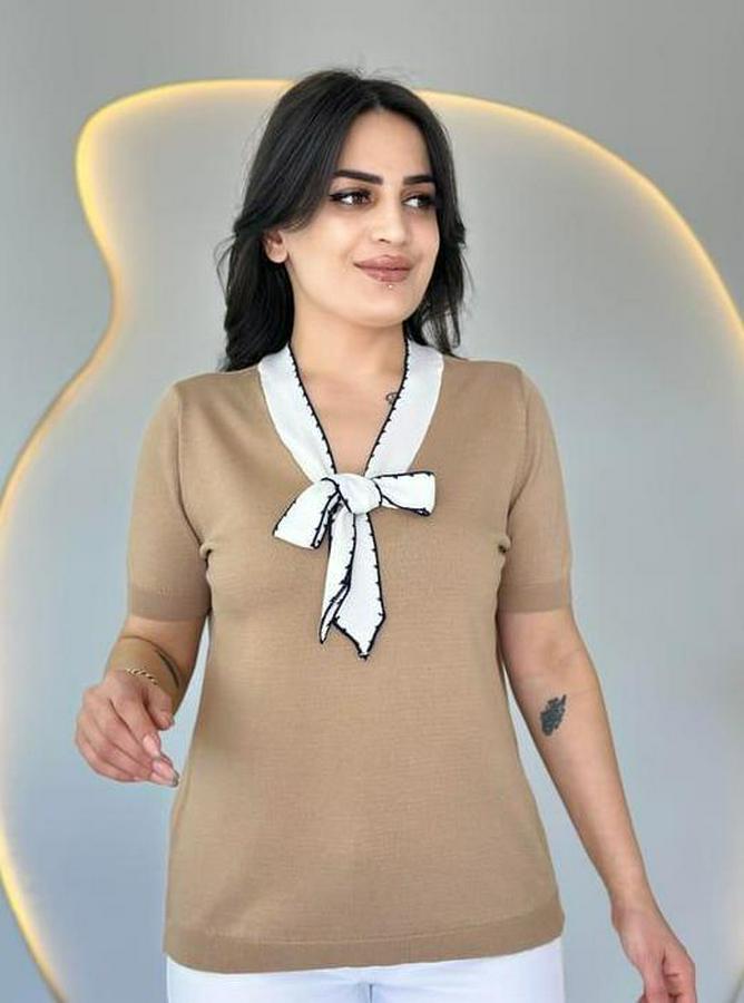 Kısa Kollu V Yaka Fular Detay Merserize Triko Bbluz