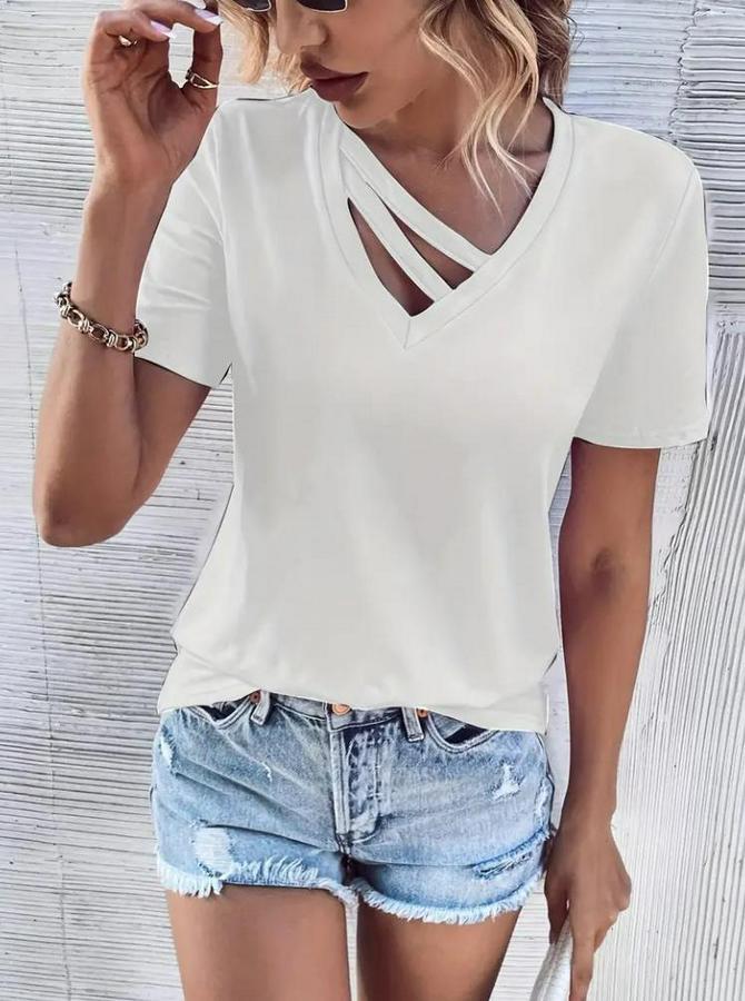 Kısa Kollu V Yaka Şerit Detay Viskon Bluz