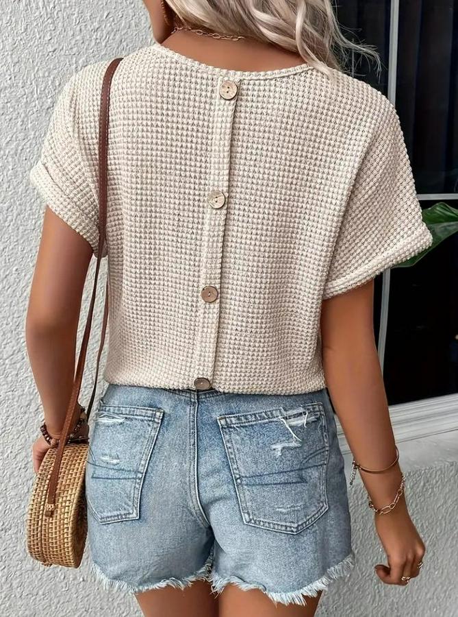 Kısa Kollu V Yaka Sırt Düğme Detay Triko Bluz