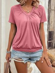 Kısa Kollu V Yakalı Büzgü Detaylı Viskon Bluz