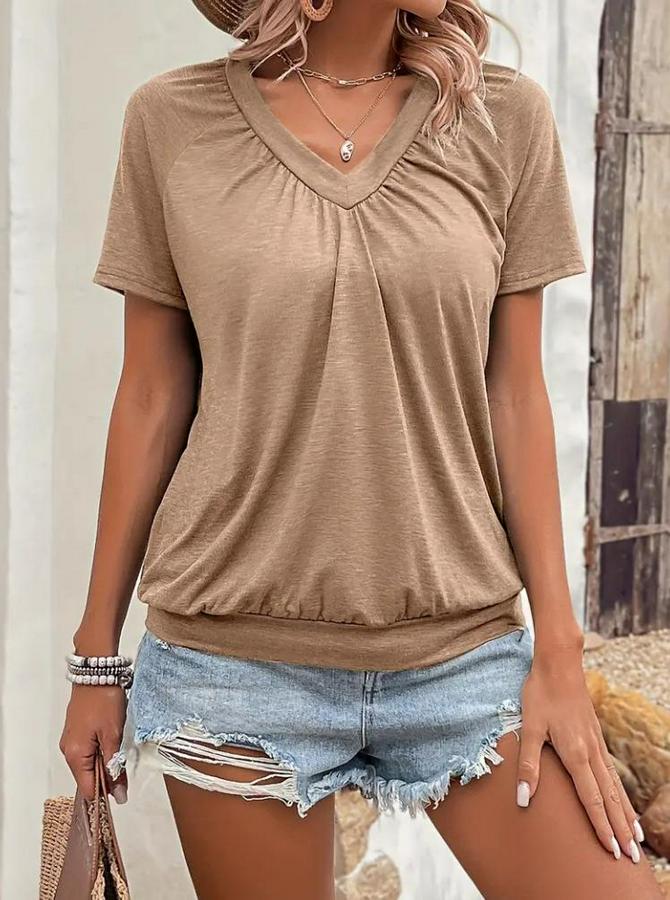 Kısa Kollu V Yakalı Büzgü Detaylı Viskon Bluz