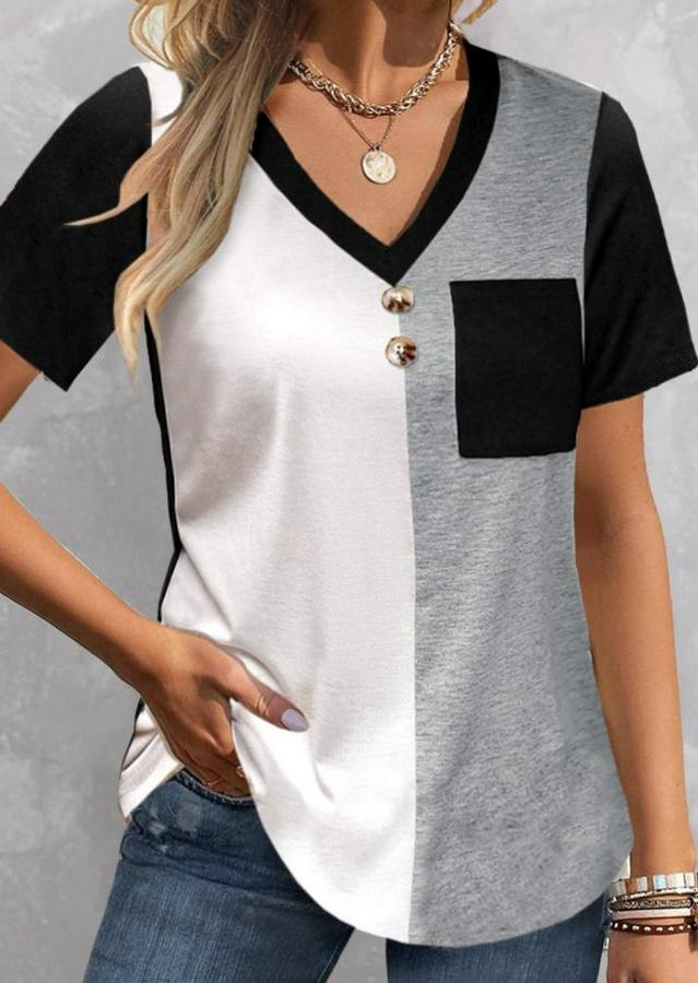 Kısa Kollu V Yakalı Cepli Önden Düğmeli Çift Renkli Viskon Bluz