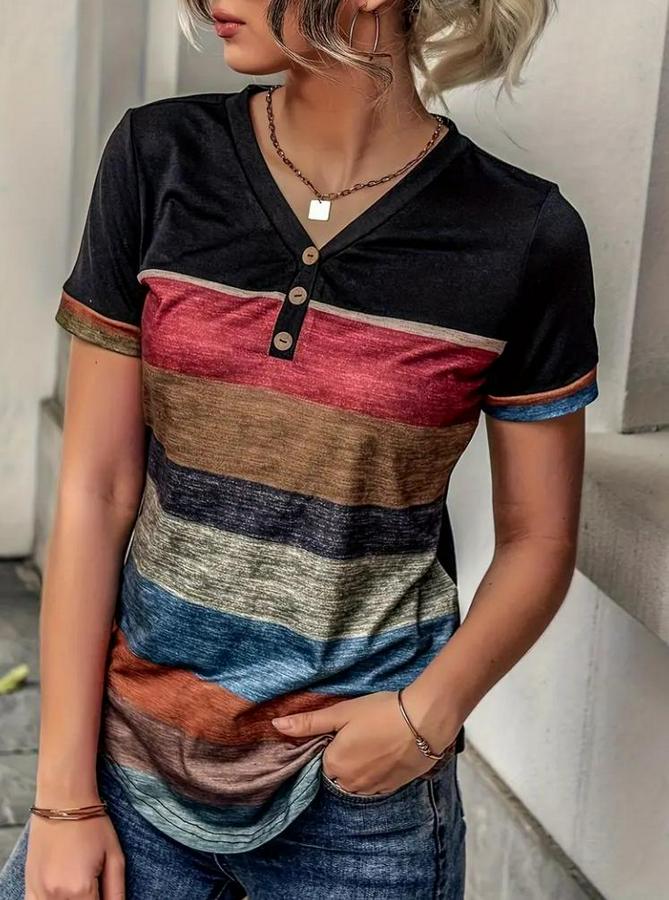 Kısa Kollu V Yakalı Düğmeli Çok Renkli Süprem Bluz
