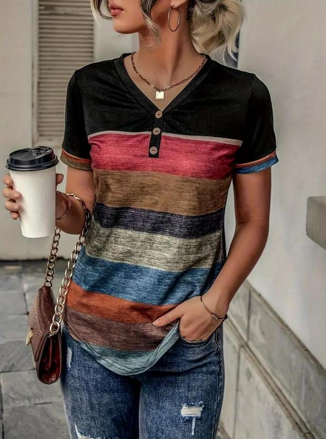 Kısa Kollu V Yakalı Düğmeli Çok Renkli Süprem Bluz