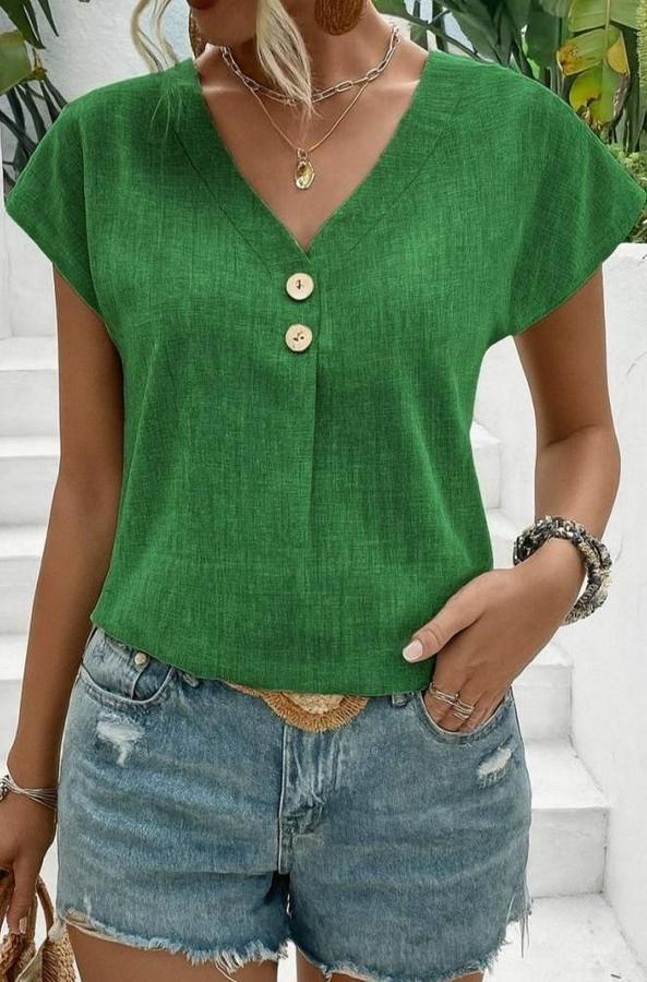Kısa Kollu V Yakalı Düğmeli Keten Bluz