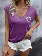 Kısa Kollu V Yakalı Kalp Baskılı Viskon Bluz