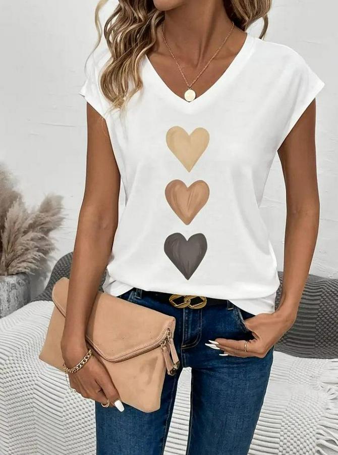 Kısa Kollu V Yakalı Kalp Desen Viskon Bluz