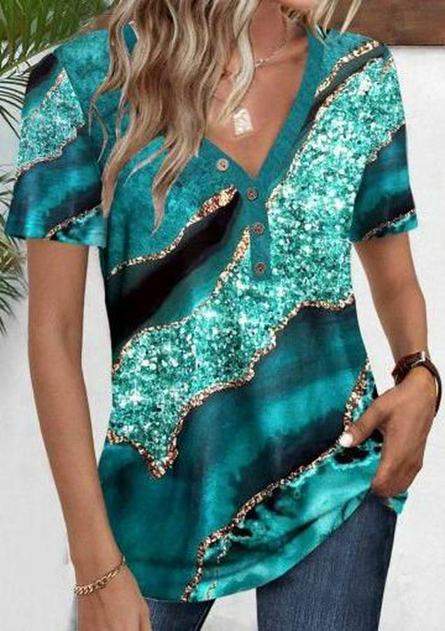 Kısa Kollu V Yakalı Önden Düğmeli Baskılı Süprem Bluz