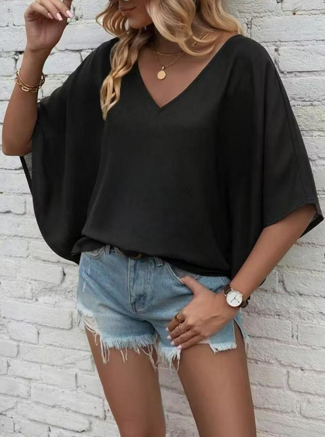 Kısa Kollu V Yakalı Salaş Viskon Bluz