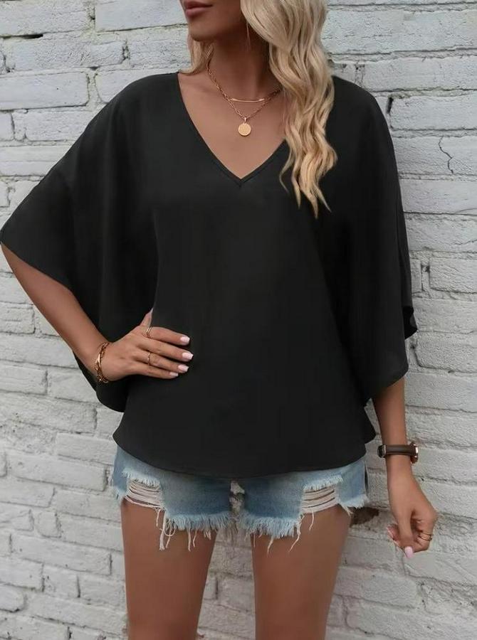 Kısa Kollu V Yakalı Salaş Viskon Bluz