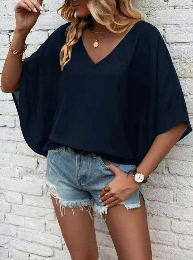 Kısa Kollu V Yakalı Salaş Viskon Bluz