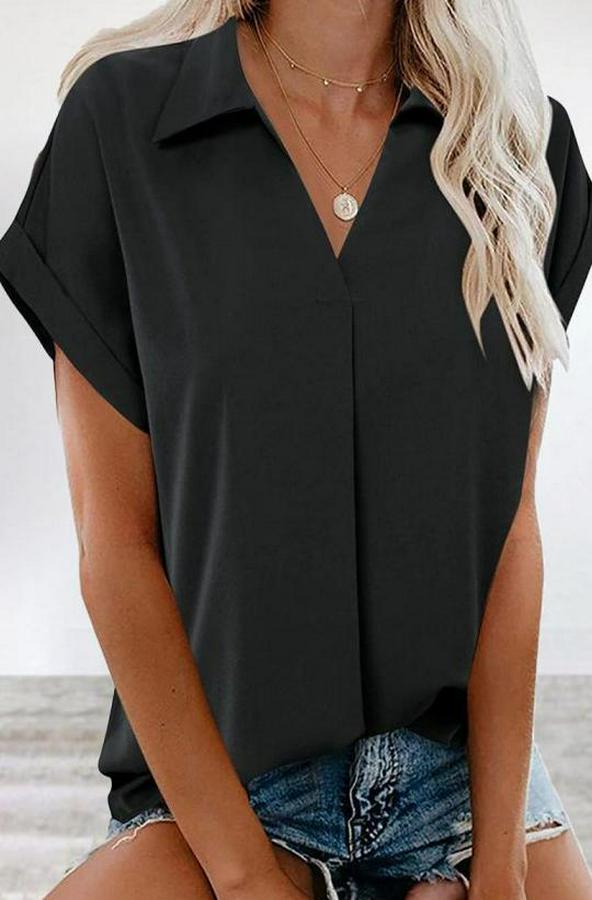 Kısa Kollu Yakalı Dokuma Viskon Bluz