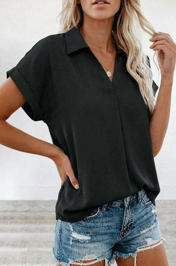 Kısa Kollu Yakalı Dokuma Viskon Bluz