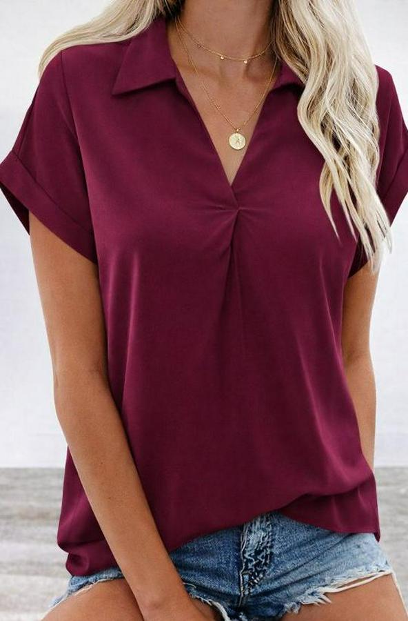 Kısa Kollu Yakalı Dokuma Viskon Bluz