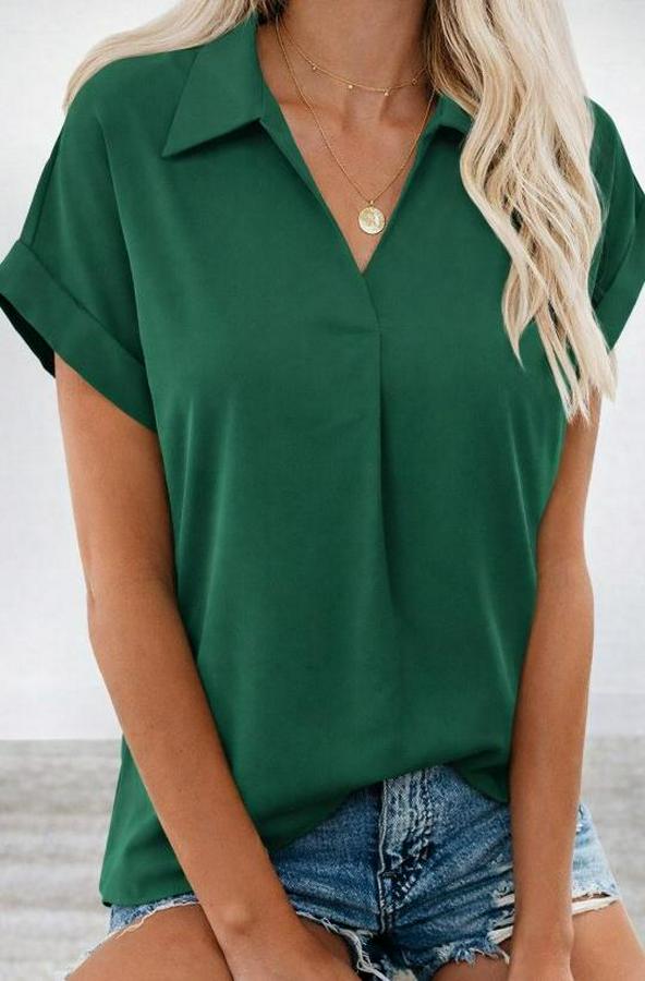 Kısa Kollu Yakalı Dokuma Viskon Bluz