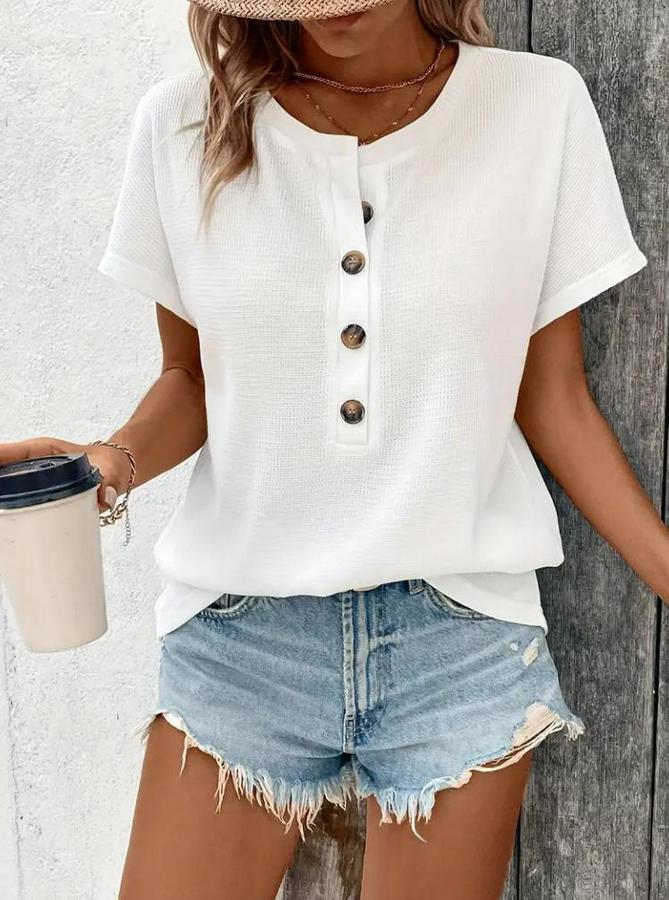 Kısa Kollu Yakası Açık Önden Düğmeli Waffle Bluz
