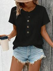 Kısa Kollu Yakası Açık Önden Düğmeli Waffle Bluz