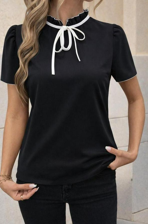 Kısa Kollu Yakası Fırfırlı Bağcıklı Janjan Krep Bluz