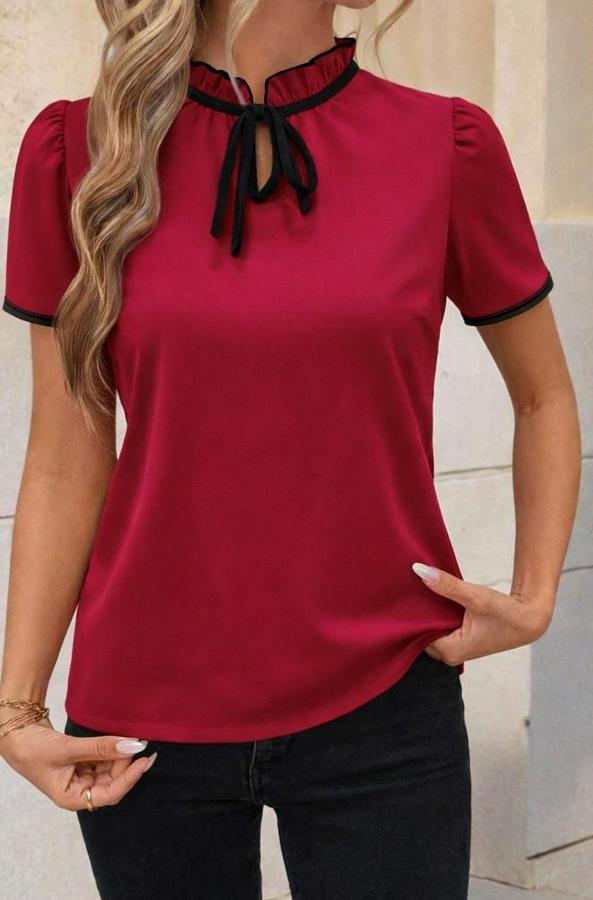 Kısa Kollu Yakası Fırfırlı Bağcıklı Janjan Krep Bluz