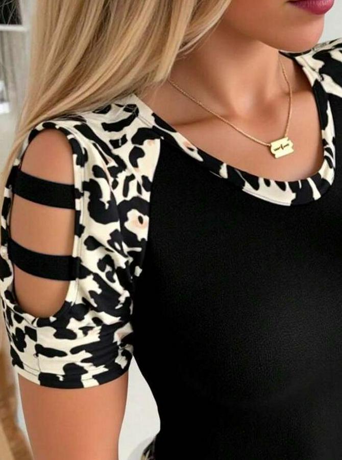 Kısa Kollu Yuvarlak Yaka Kollarda Şerit Detaylı Leoparlı Viskon Bluz