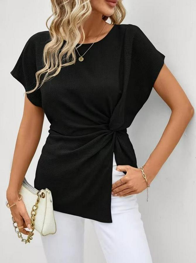Kısa Kollu Yuvarlak Yakalı Yandan Sarmal Detaylı Bürümcük Bluz