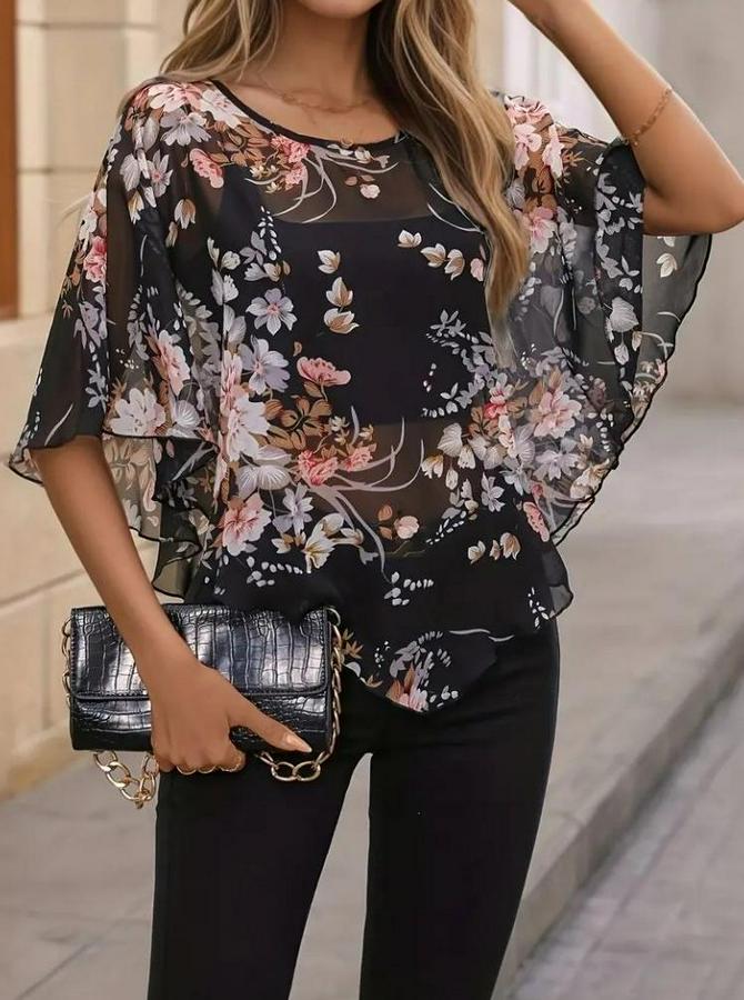 Kısa Yarasa Kollu Yuvarlak Yaka Çiçek Baskılı Asimetrik Kesim Özel Tasarım Şifon Bluz