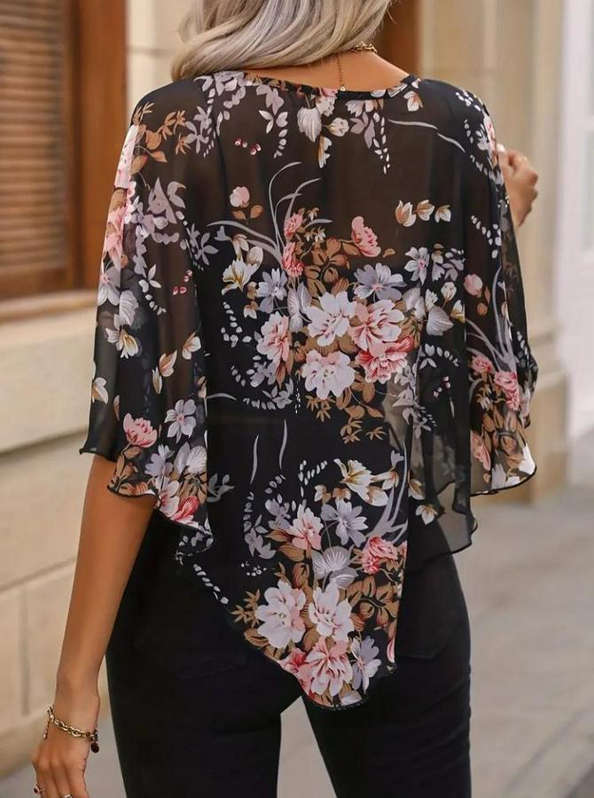 Kısa Yarasa Kollu Yuvarlak Yaka Çiçek Baskılı Asimetrik Kesim Özel Tasarım Şifon Bluz